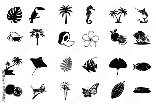 Tropical nature and wildlife silhouette icons including exotic plants, marine life, and animals, perfect for summer and travel designs.