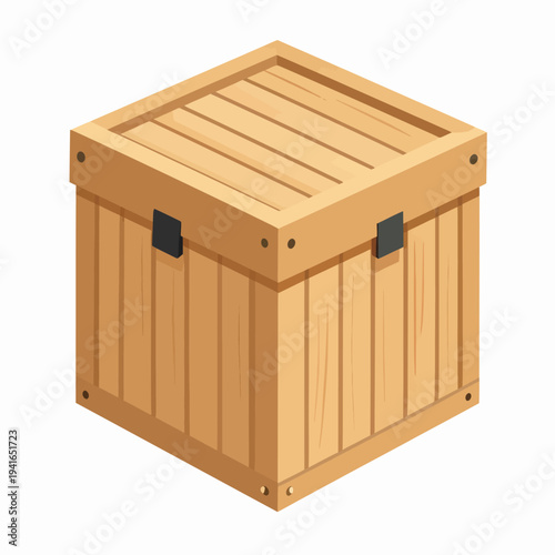 Isometric 3D illustration of a wooden crate with hinged lid and metal brackets, viewed from three sides on a plain white background, highlighting detailed structure and design