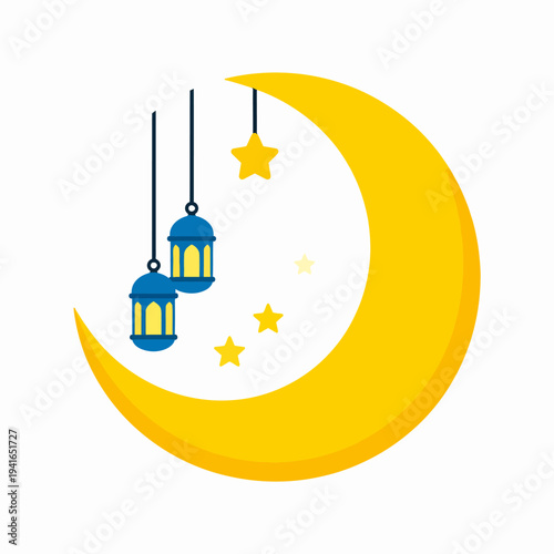 Celebrating Ramadan with a bright yellow crescent moon, twin blue and yellow lanterns, scattered yellow stars, illustrated on white background from a centered frontal viewpoint