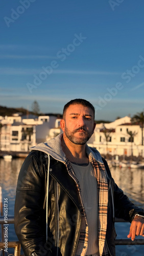 Portrait of a Man in a Leather Jacket at Sunset in Fornells, Menorca
