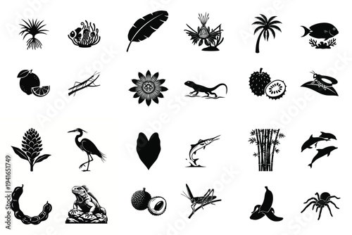 Tropical nature elements silhouette collection featuring exotic animals plants and fruits.