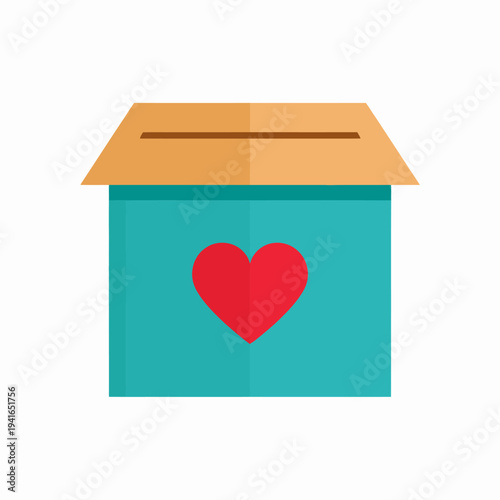 From a frontal viewpoint, a 3D teal donation box with a red heart on its front is displayed on a clean white background, highlighting charitable giving in a simple graphic illustration
