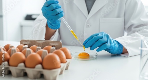 Lab professional in gloves pipetting egg yolk into petri dish with whole eggs