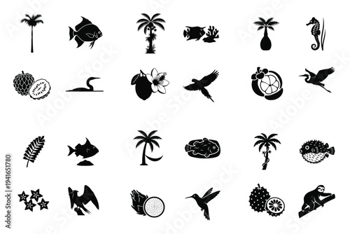 Tropical nature silhouette icons featuring palm trees, exotic animals like sloth, seahorse, parrot, and various tropical fruits such as dragon fruit and star fruit in a versatile vector collection.