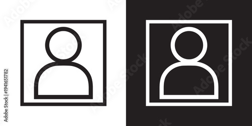 Minimalist line art and solid vector of a person icon within a sharp square border. Perfect for directory listings, ID placeholders, or contact management software.