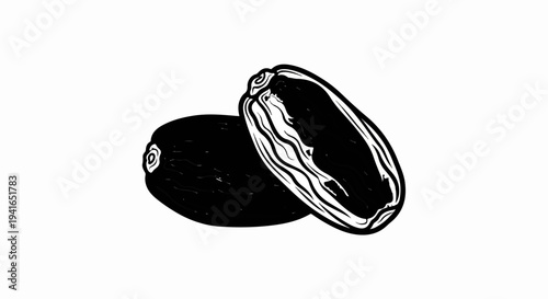 Black and white illustration of two dried dates