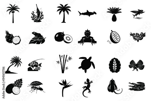 Collection of black silhouette icons featuring tropical animals, plants, and fruits like palm trees, sharks, turtles, dragon fruit, and alligators, representing exotic nature and wildlife.