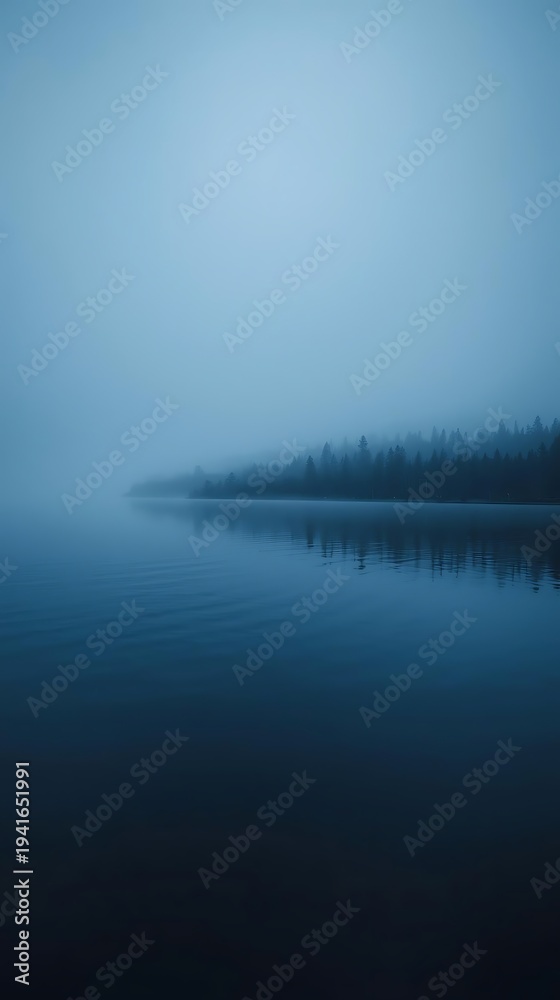 Fototapeta premium Sleep Guided Meditation Serene Tranquility of a Misty Lake Surrounded by Evergreen Forest at Dawn's Subtle Light