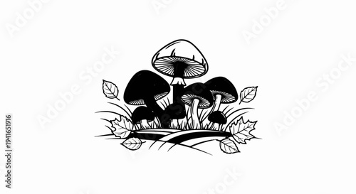 Black and white line art of a cluster of mushrooms surrounded by leaves and grass