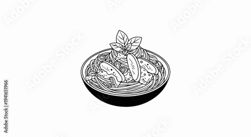 Black and white line drawing of a bowl of pasta with herbs
