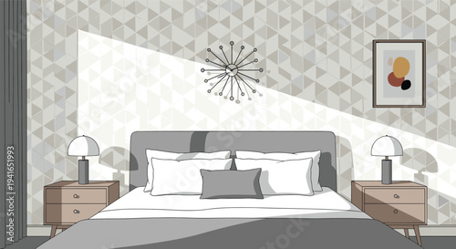 Elegant modern bedroom features a gray bed with neutral pillows and matching nightstands under a stylish sunburst wall clock.
