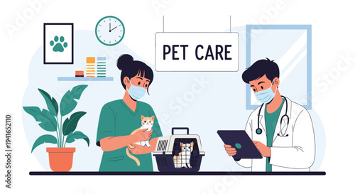 Professional veterinarians in masks care for cats in a clinic while checking medical records on a tablet for better treatment.