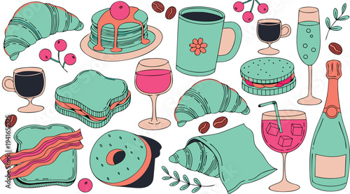 Breakfast Culinary Delight: A tempting illustration of a delectable breakfast spread, featuring various treats and beverages. A visual feast for the senses.