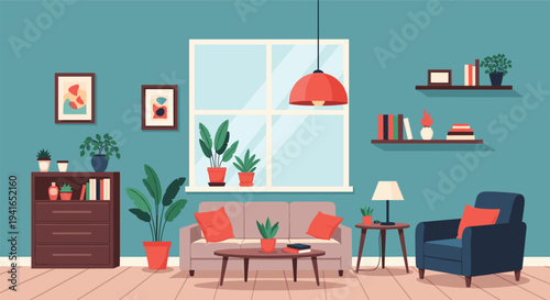 Comfortable living room with a blue armchair and gray sofa features many indoor plants and shelves filled with books and decor.