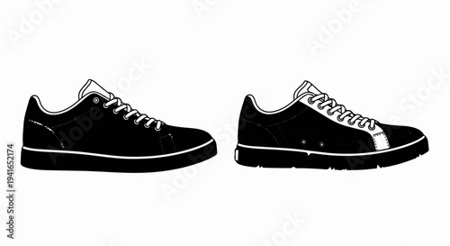 Black and white outline drawings of two low-top athletic sneakers side by side