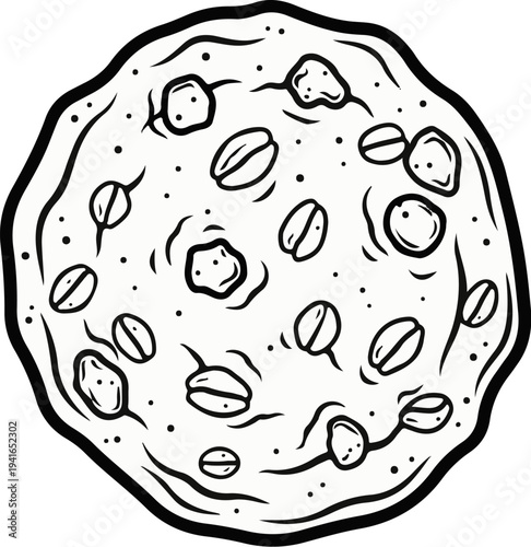 Black and white illustration of a round cookie with scattered toppings