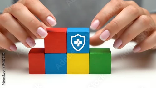 Hands Building Blocks with Shield Icon Security.