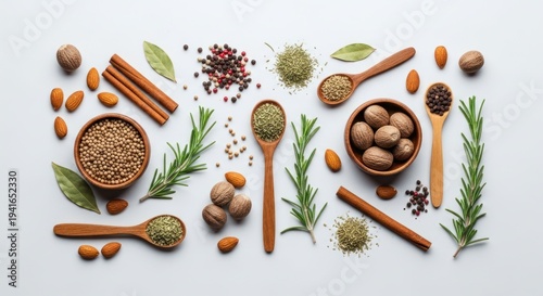 Overhead view of various aromatic spices, herbs, and nuts artfully arranged on white