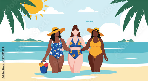 Three diverse women in colorful swimsuits enjoy a sunny day at a tropical beach with palm trees and blue ocean water.