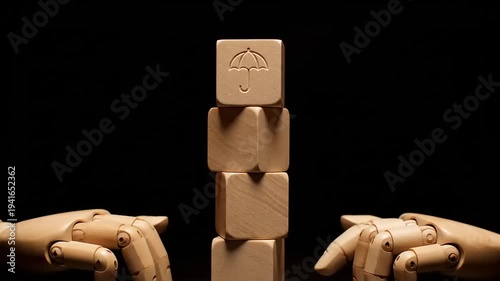 Hands Balancing Wooden Blocks on Black Background.