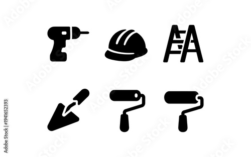 Collection of construction and renovation tools icons including drill, hard hat, ladder, trowel, and paint rollers