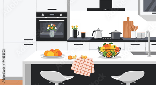 Bright and clean modern kitchen features a marble island with fresh fruits and high quality built in appliances.