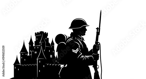 Silhouette of a Soldier with Rifle and Backpack in front of a Castle