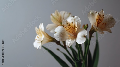 Elegant white alstroemeria flowers with delicate orange streaks are captured in soft lighting against a plain grey background