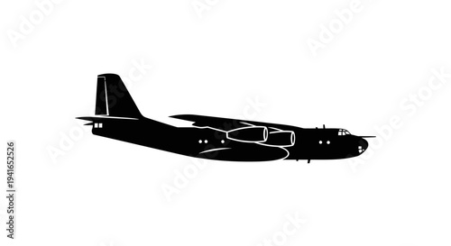 Silhouette of a vintage cargo airplane with four engines, side view, isolated on white background