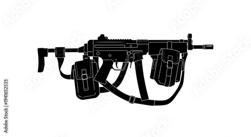 Silhouette of a Submachine Gun with Ammunition Pouches and Sling