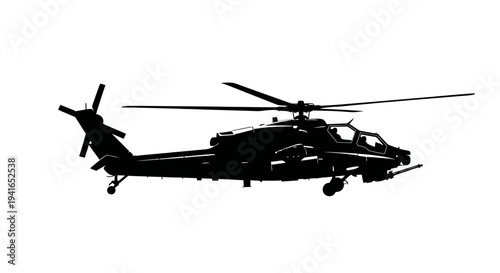Silhouette of an attack helicopter in flight against a white background