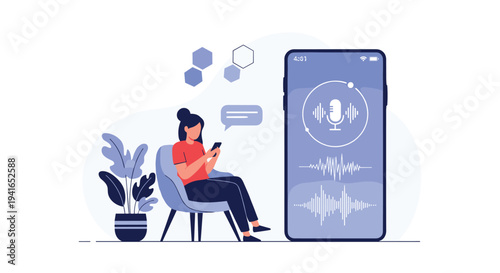 Young woman sits comfortably in a blue chair and uses a voice assistant app on her smartphone to listen to audio waves.