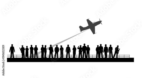 Silhouette of people watching a plane perform aerobatics against a white background