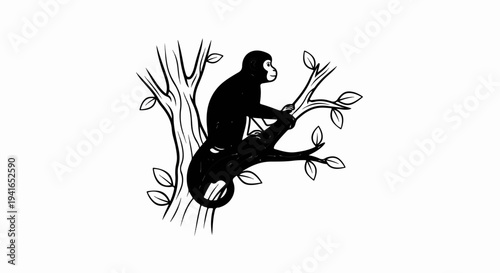 Black monkey with long tail perched on a tree branch, leaves on tree