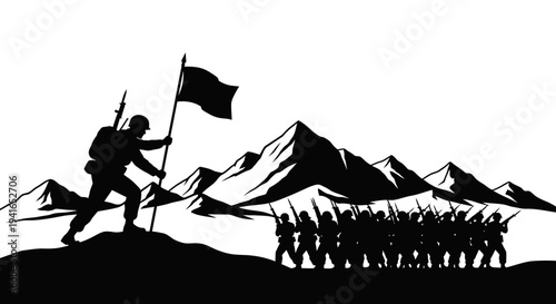 Silhouette of Soldier Planting Flag Leading Army Marching Towards Mountains