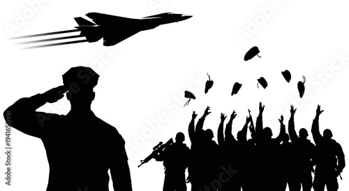 Silhouette of soldier saluting as fighter jet flies over cheering crowd throwing hats