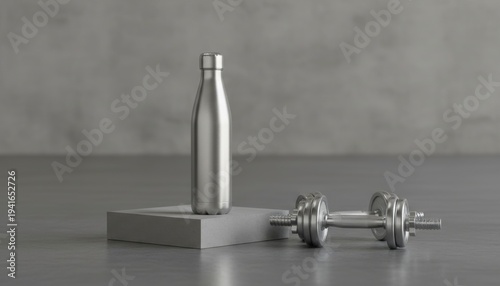 Sleek stainless steel water bottle and dumbbell for fitness and hydration