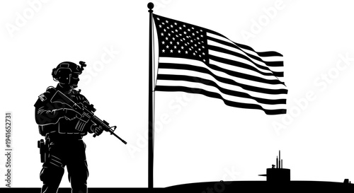 Silhouette of Soldier Standing Guard Beside American Flag and Submarine