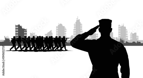 Silhouette of Soldier Saluting Destroyed City Background, Military Marching