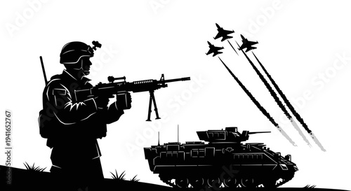 Silhouette of Soldier with Machine Gun and Armored Vehicle with Fighter Jets Flying Overhead