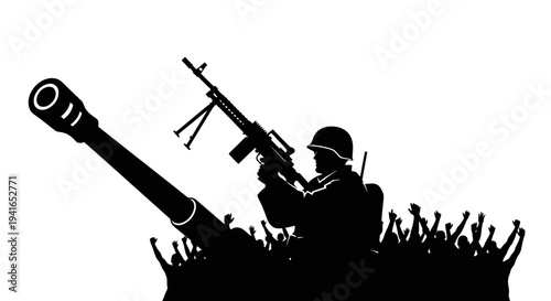 Silhouette of Soldier with Machine Gun on Tank, Crowd Cheering