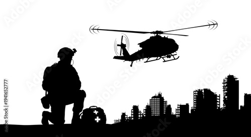 Silhouette of Soldier with Medical Bag and Helicopter Over City Ruins