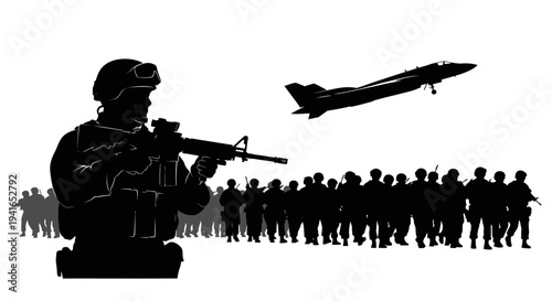 Silhouette of Soldier with Rifle and Military Jet Flying Over Troops