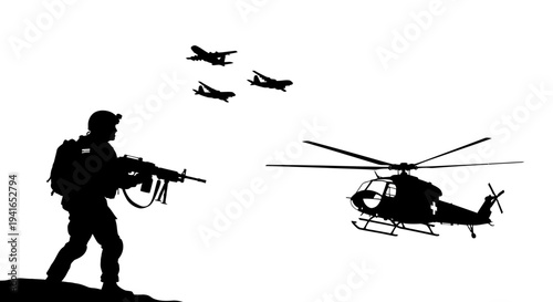 Silhouette of Soldier with Rifle and Military Aircraft in Sky