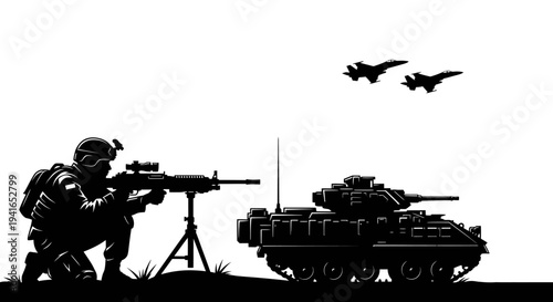 Silhouette of Soldier with Rifle and Tank, Fighter Jets Flying Overhead