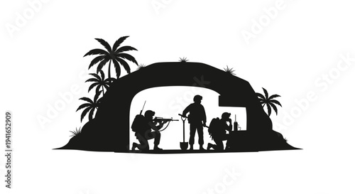 Silhouette of soldiers in a cave entrance with palm trees, tropical jungle setting