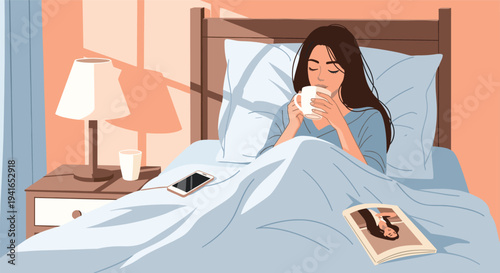 Young woman enjoys a relaxing morning in bed while drinking coffee and reading a magazine in the soft morning sunlight.