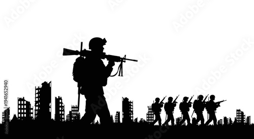 Silhouette of Soldiers Marching Through Ruined Cityscape