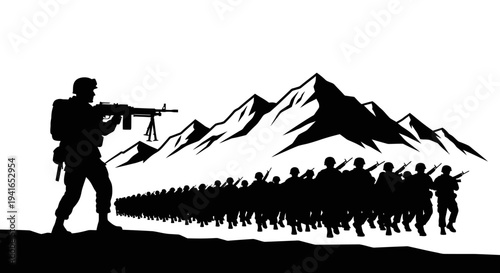 Silhouette of Soldiers Marching with Machine Gun Leader Against Mountain Background