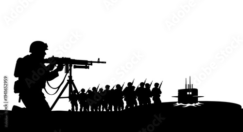 Silhouette of soldiers with machine gun guarding submarine at dawn